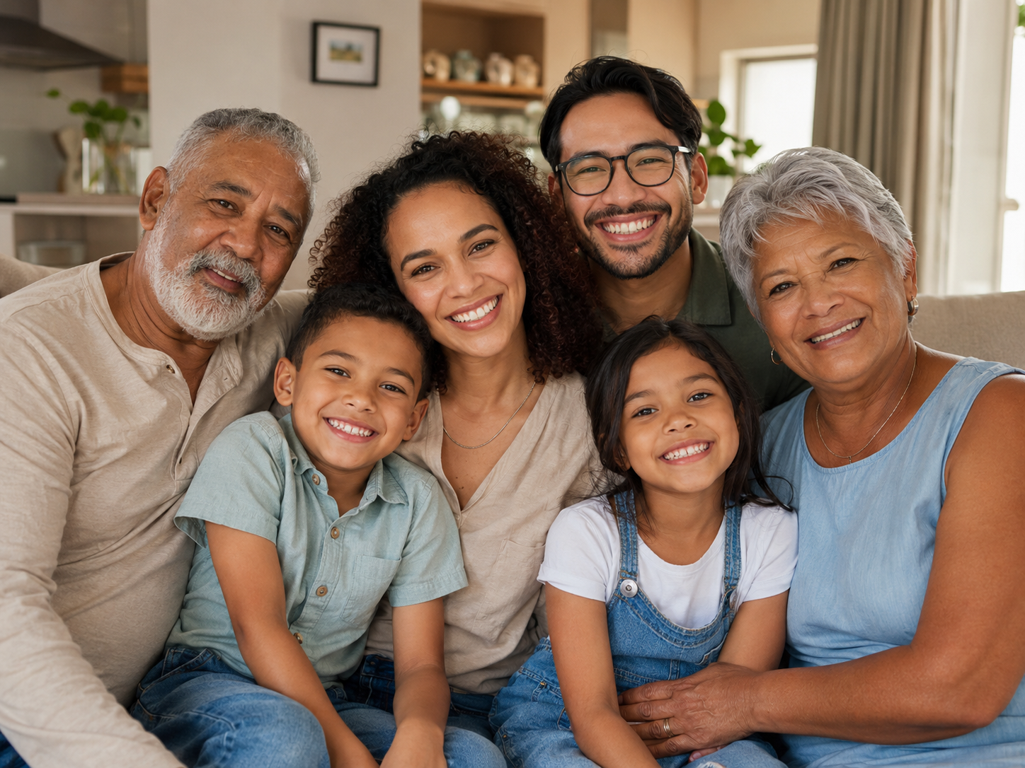 Multi-generational family sitting together closely smiling indoors